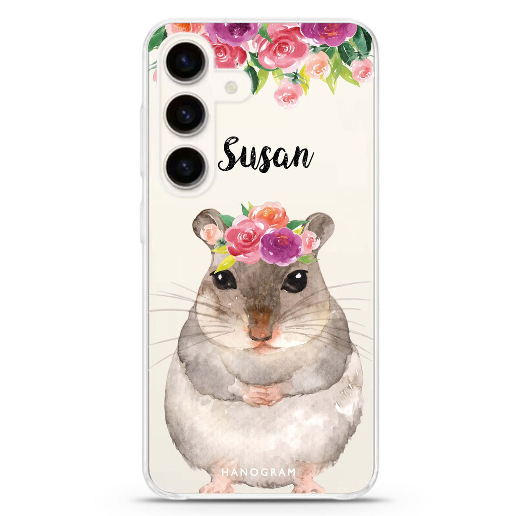 Floral and Hamster Samsung Galaxy S26/S25/S24 可加名字水晶透明保護殼正面展示