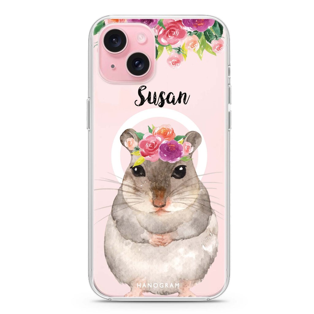 Floral and Hamster iPhone 15 Plus Magsafe 兼容水晶透明保護殼