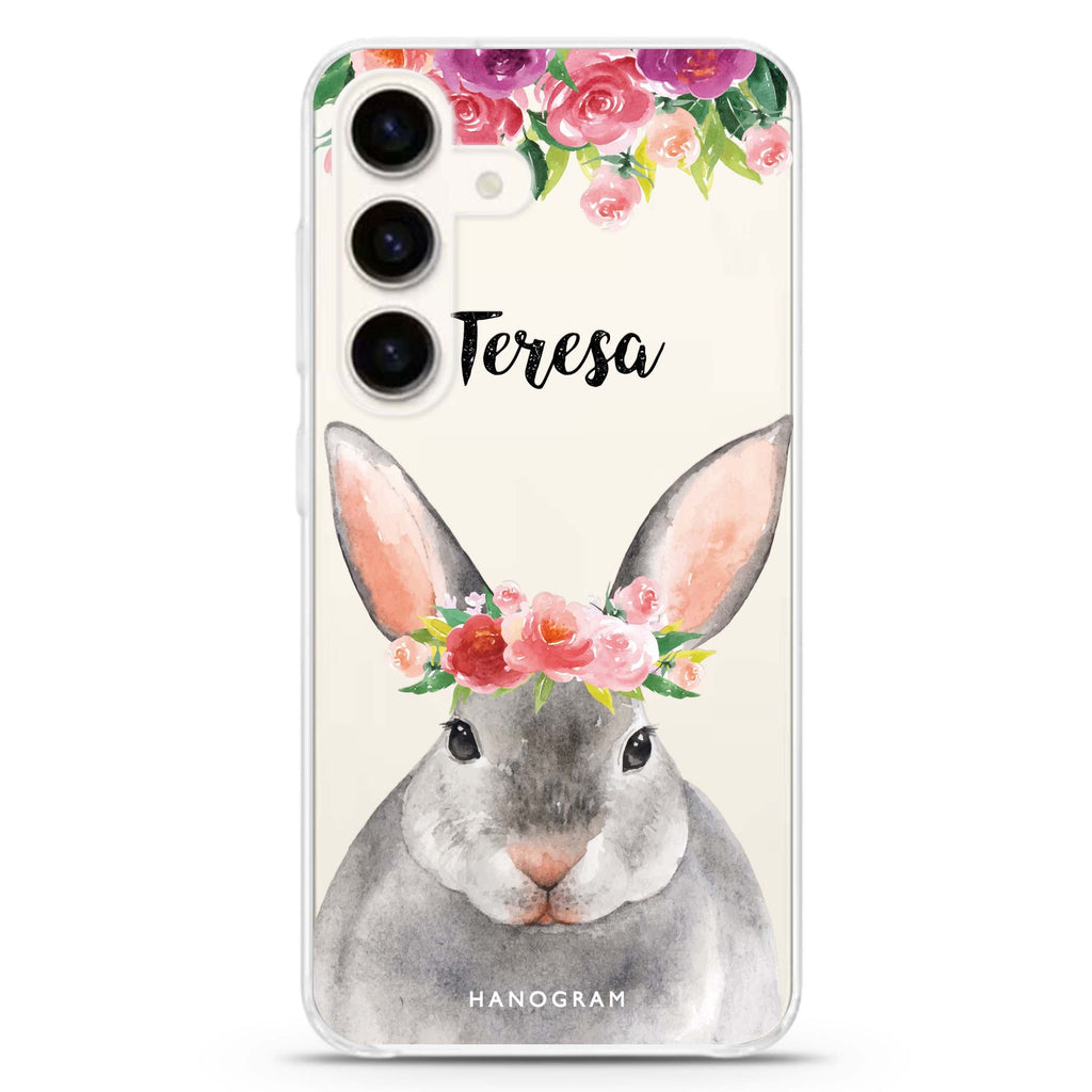 Floral and Bunny Samsung Galaxy S26/S25/S24 可加名字水晶透明保護殼正面展示