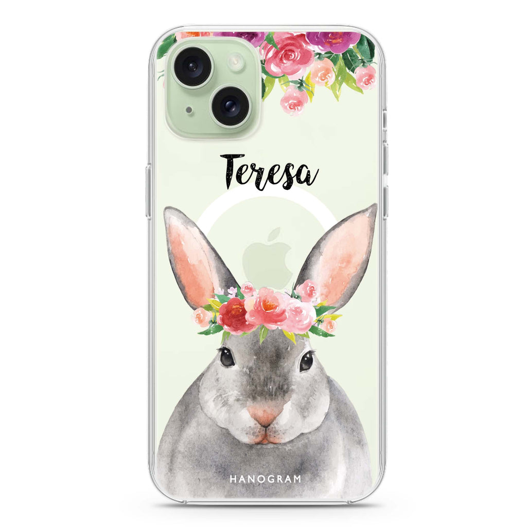 Floral and Bunny iPhone 15 Magsafe 兼容水晶透明保護殼