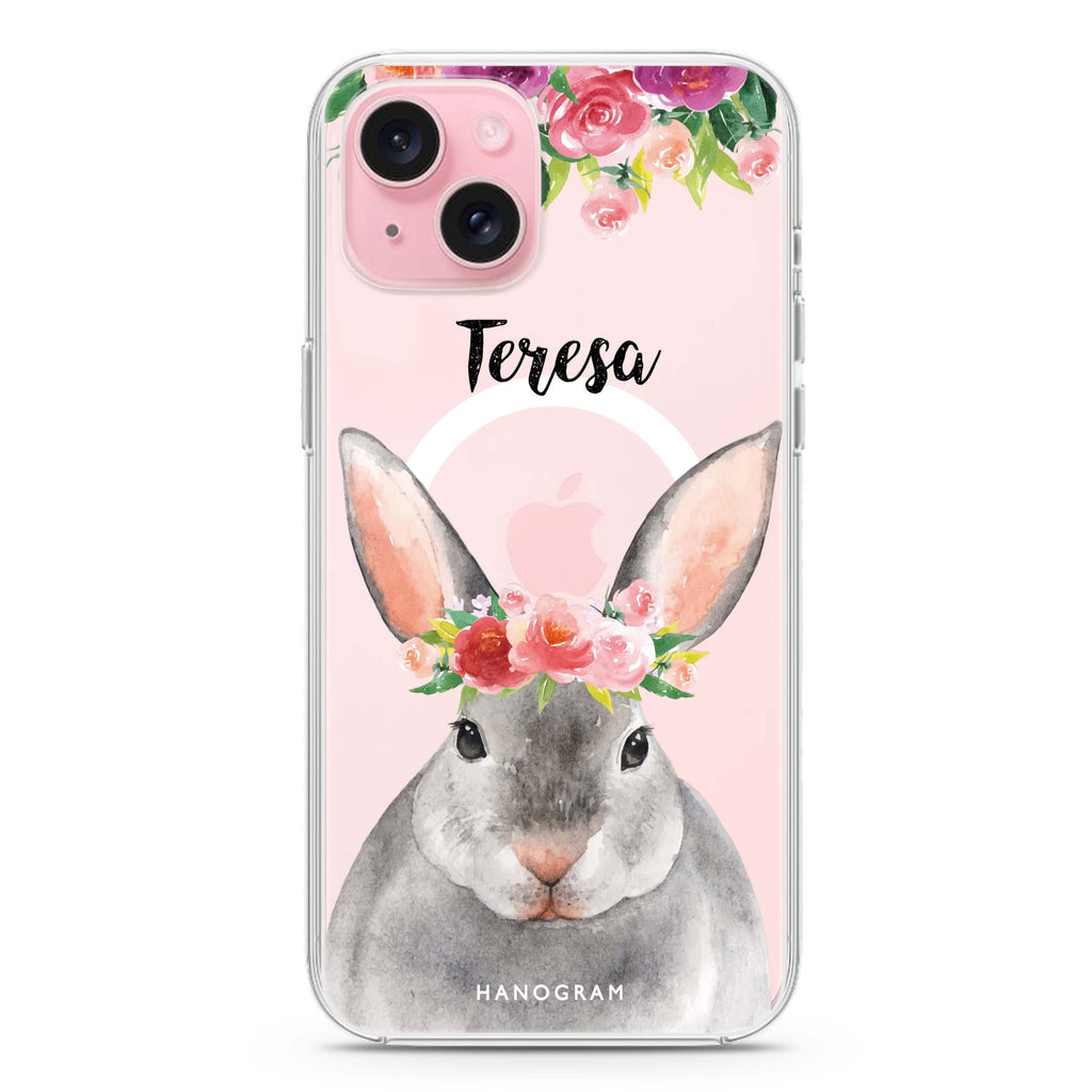 Floral and Bunny iPhone 15 Plus Magsafe 兼容水晶透明保護殼