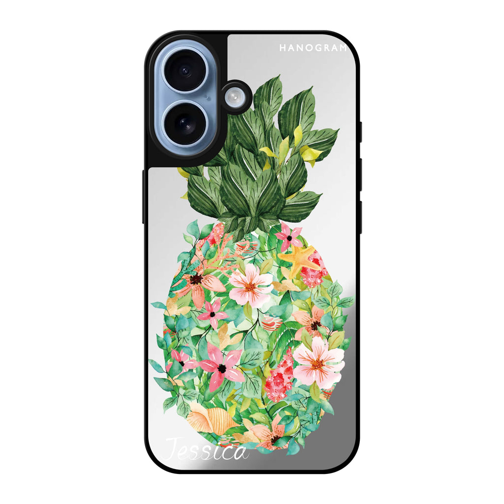 Reflective iPhone 16 Mirror Case –Floral Pineapple Design