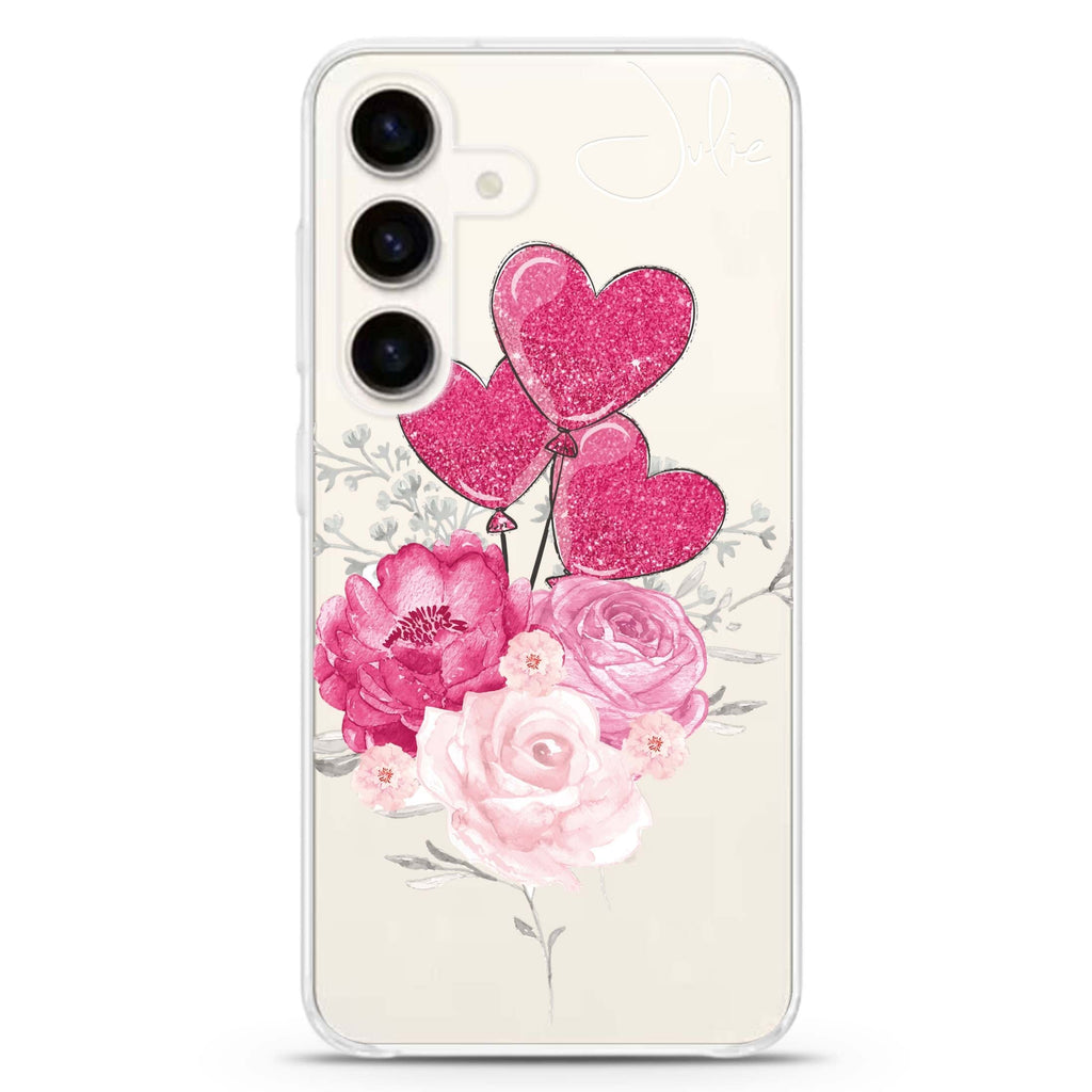 Sweet Heart With Rose Samsung Galaxy S26/S25/S24 可加名字水晶透明保護殼正面展示