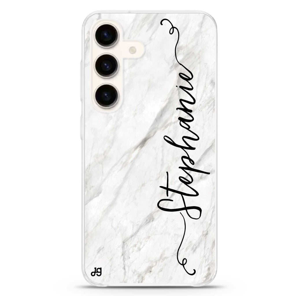 Vertical Cursive & Marble Sleek Samsung Galaxy S26/S25/S24 可加名字水晶透明保護殼正面展示
