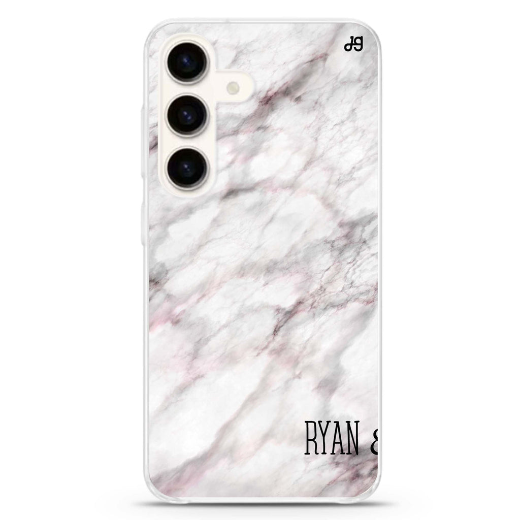 White Marble Samsung Galaxy S26/S25/S24 可加名字水晶透明保護殼正面展示