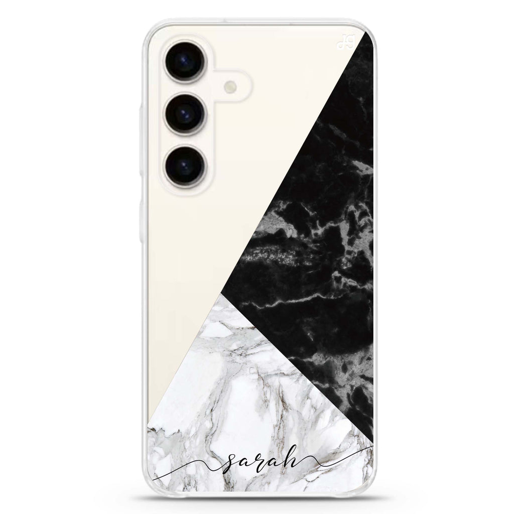 Black And White Marble Samsung Galaxy S26/S25/S24 可加名字水晶透明保護殼正面展示