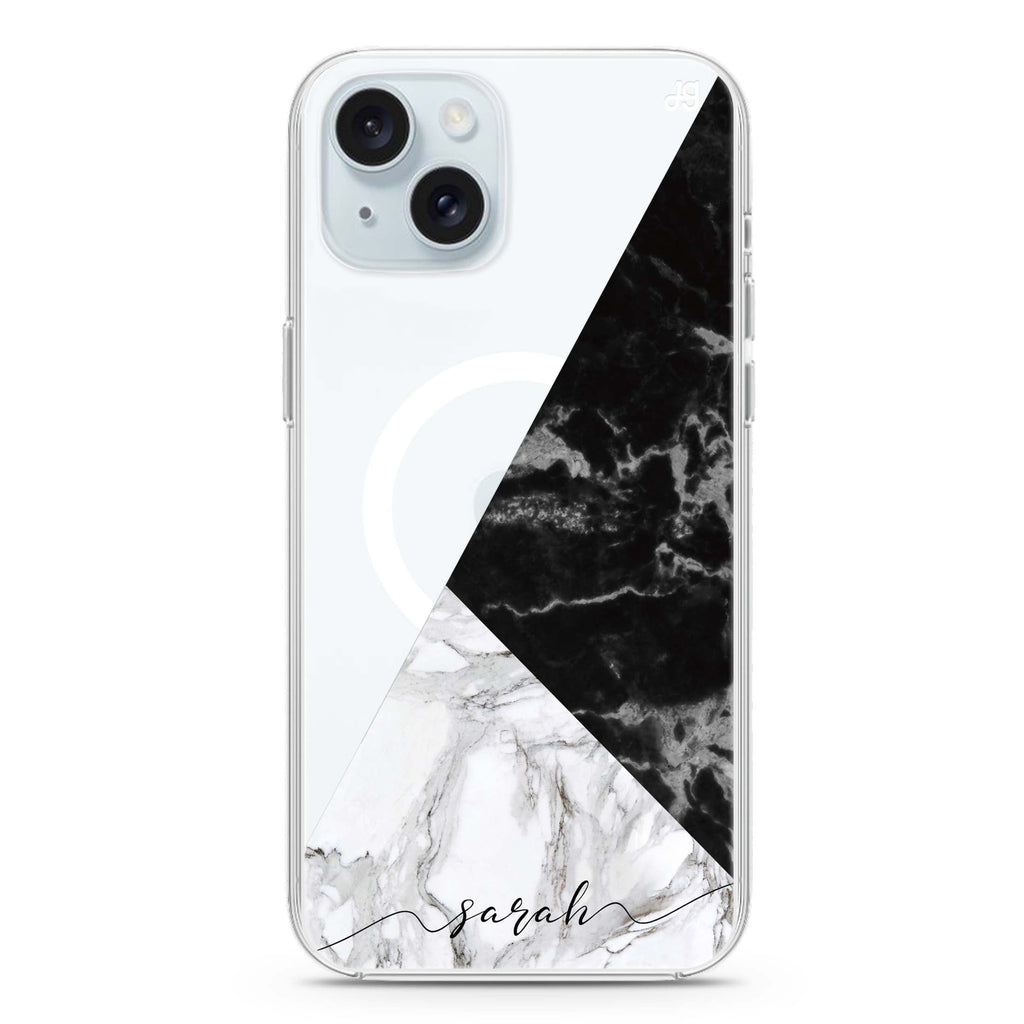 Black And White Marble iPhone 15 Plus Magsafe 兼容水晶透明保護殼