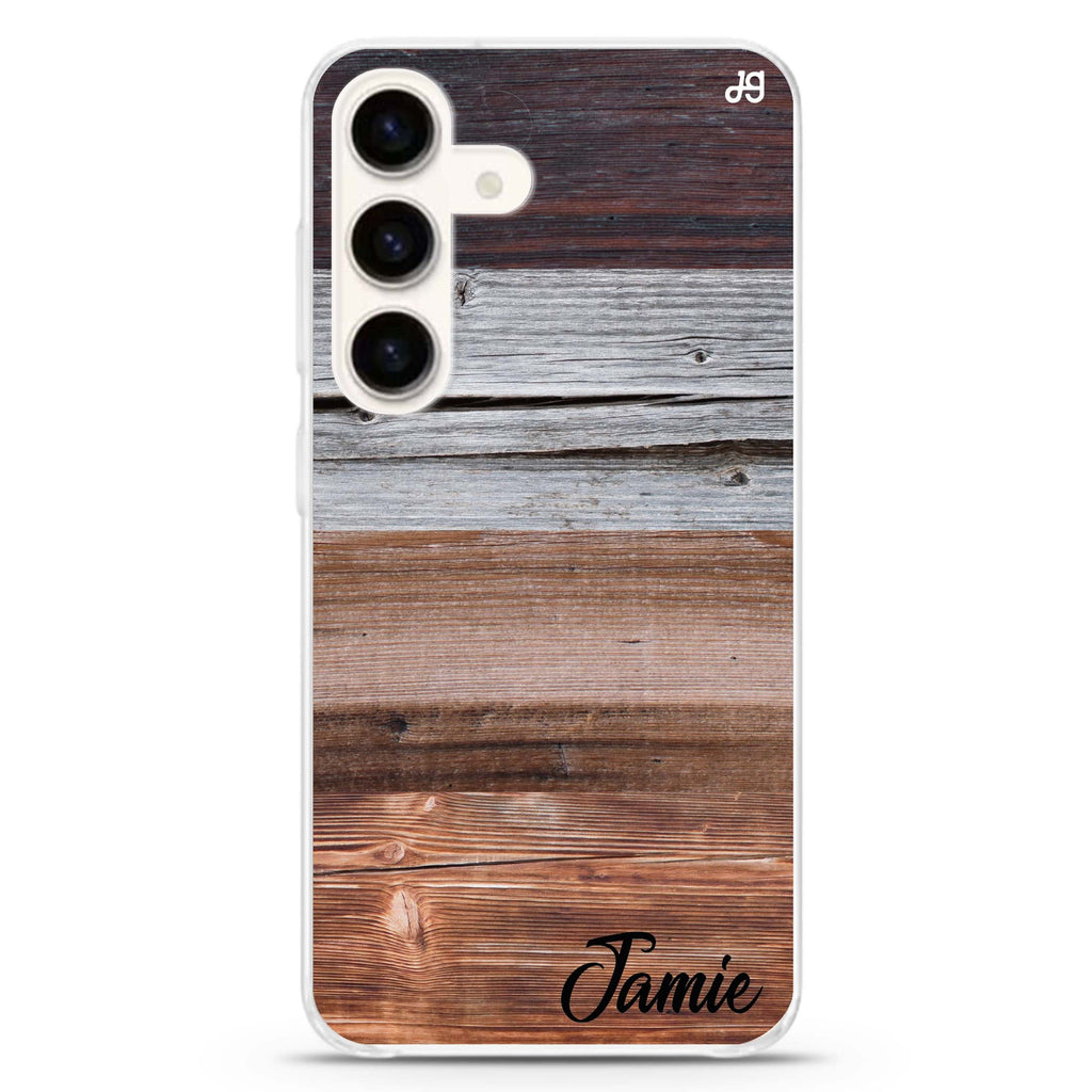 Wood Grain Varigegated Samsung Galaxy S26/S25/S24 可加名字水晶透明保護殼正面展示
