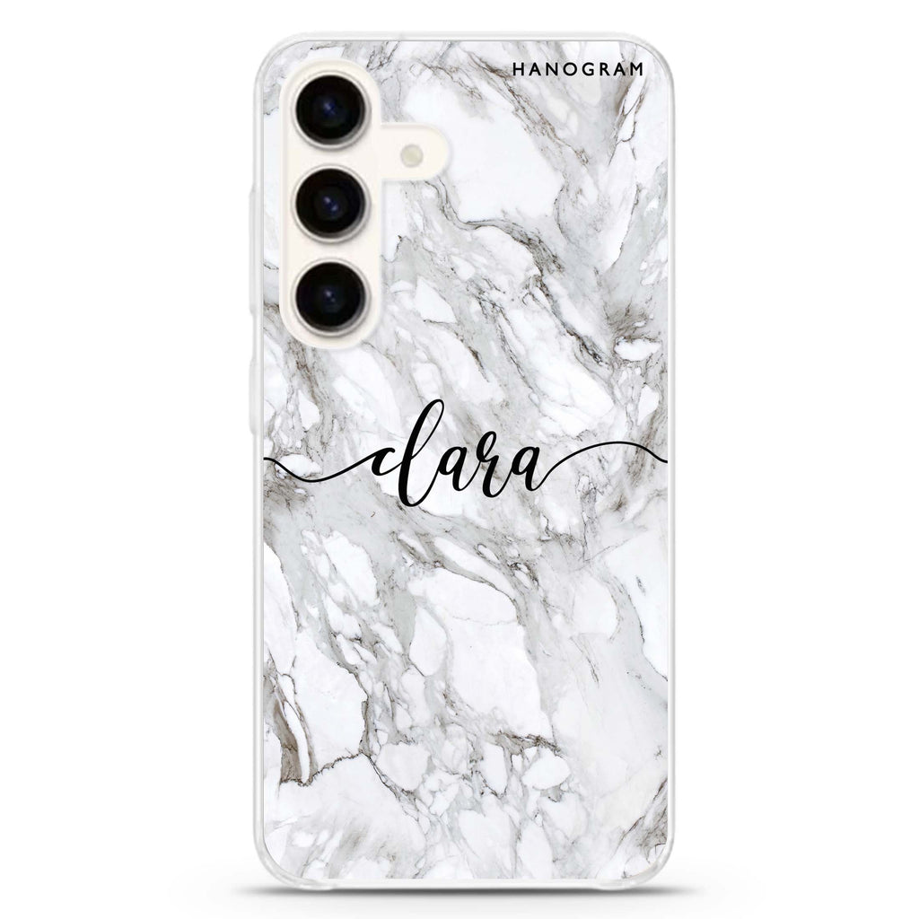 Powder Gray And White Marble Samsung Galaxy S26/S25/S24 可加名字水晶透明保護殼正面展示