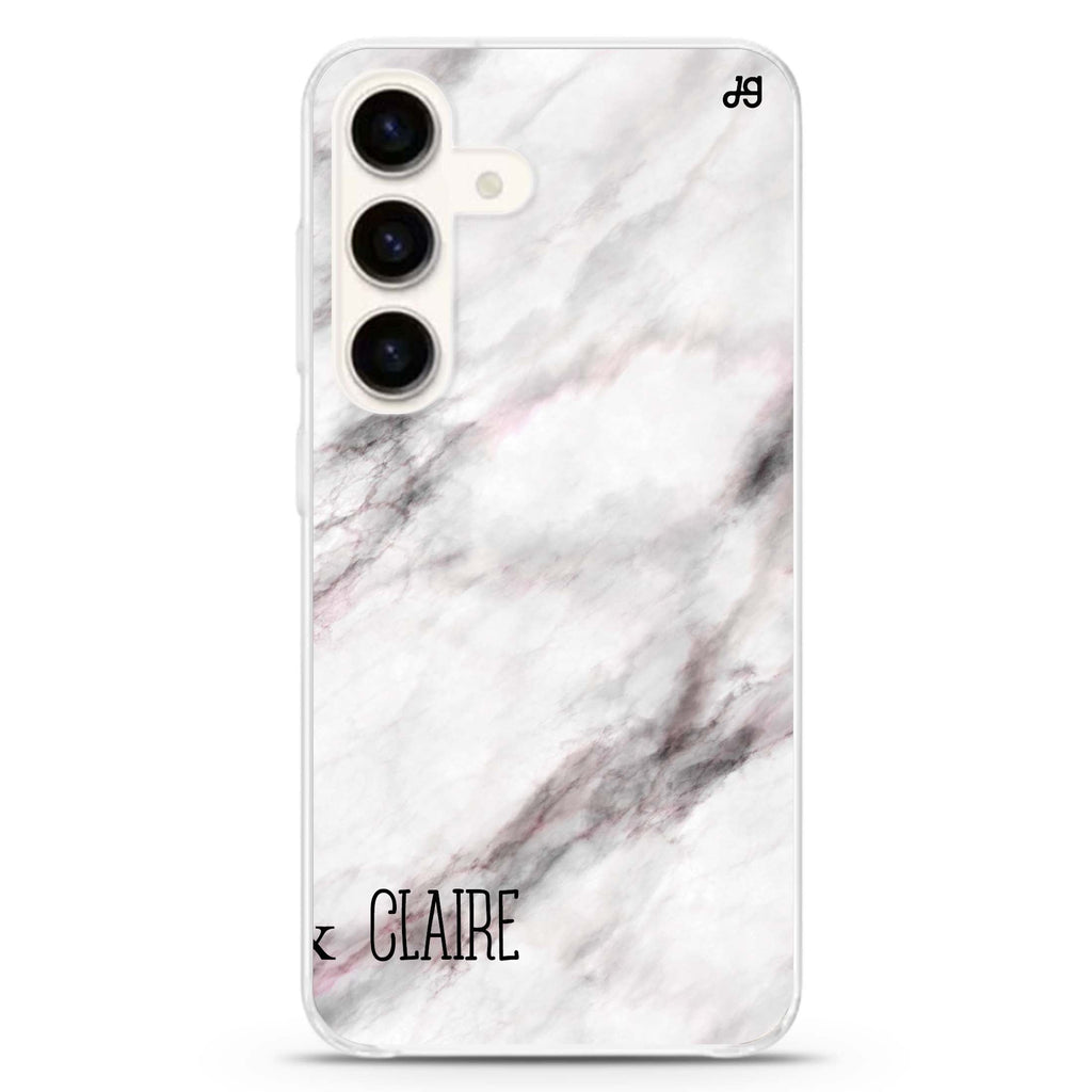 White Marble Samsung Galaxy S26/S25/S24 可加名字水晶透明保護殼正面展示