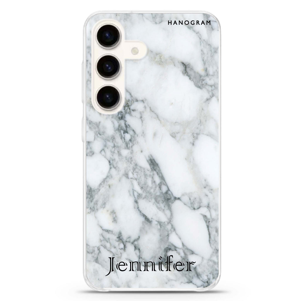 Powder Gray And White Marble II Samsung Galaxy S26/S25/S24 可加名字水晶透明保護殼正面展示