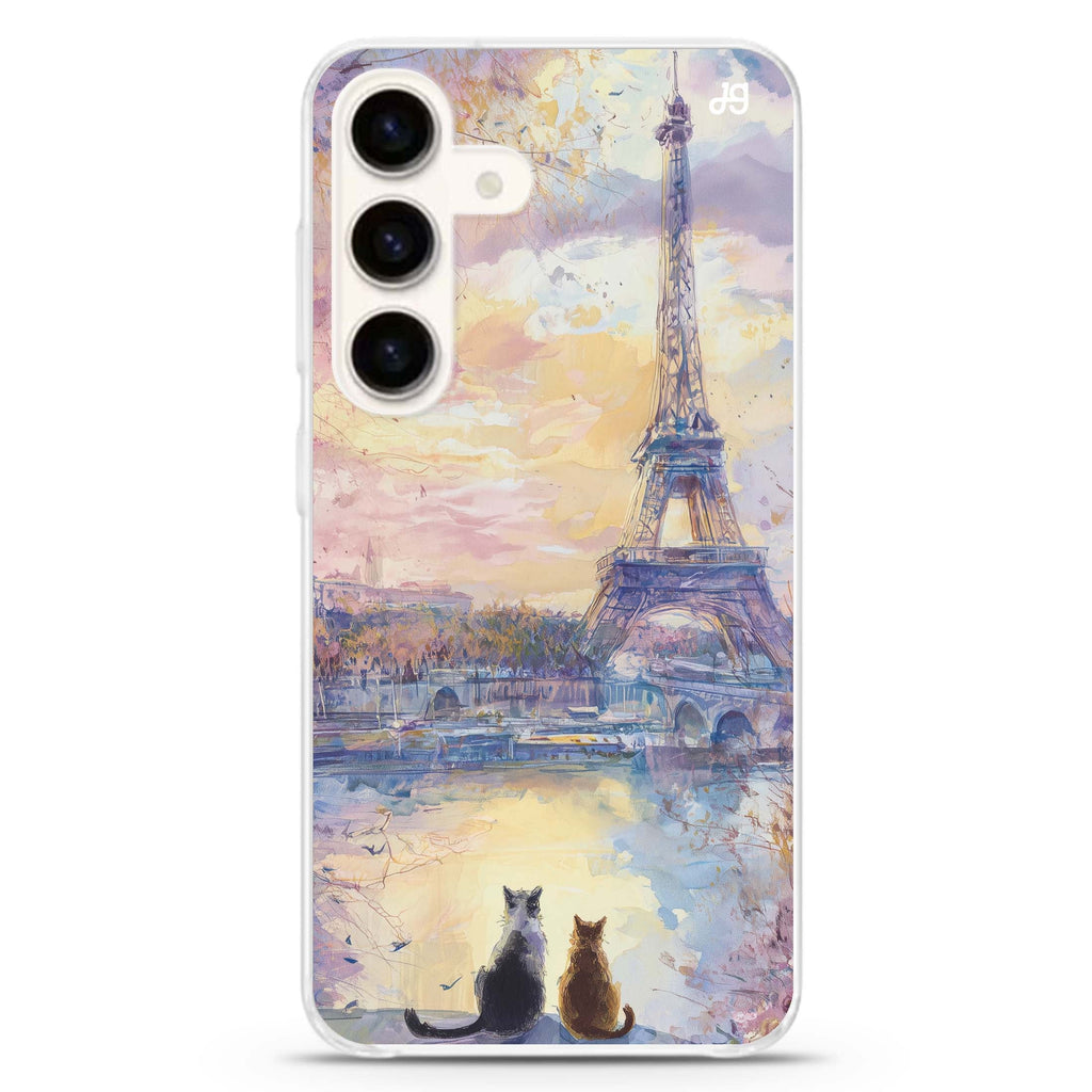 Paris Sunset Cats Samsung Galaxy S26/S25/S24 水晶透明保護殼正面展示