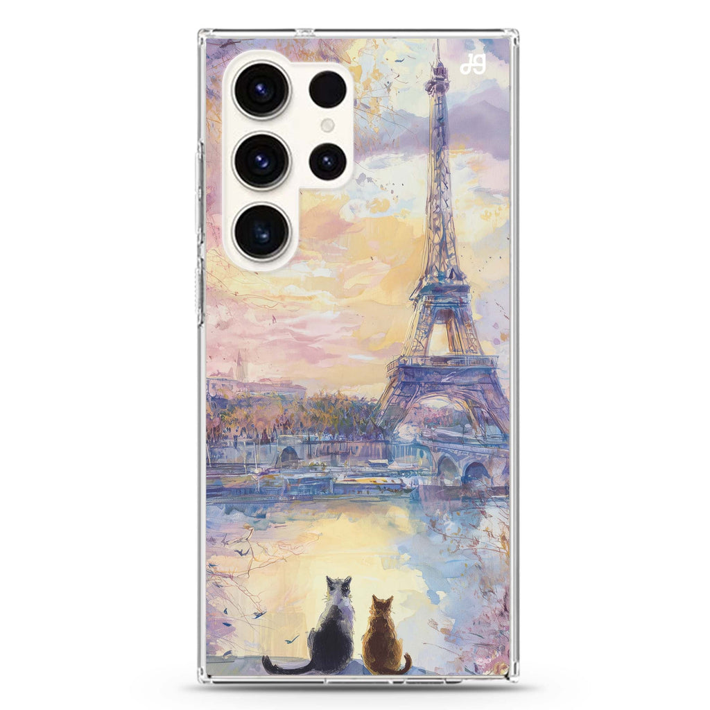 Paris Sunset Cats Samsung Galaxy Ultra 透明保護殼，適用 S26/S25/S24/S23 Ultra，圖1