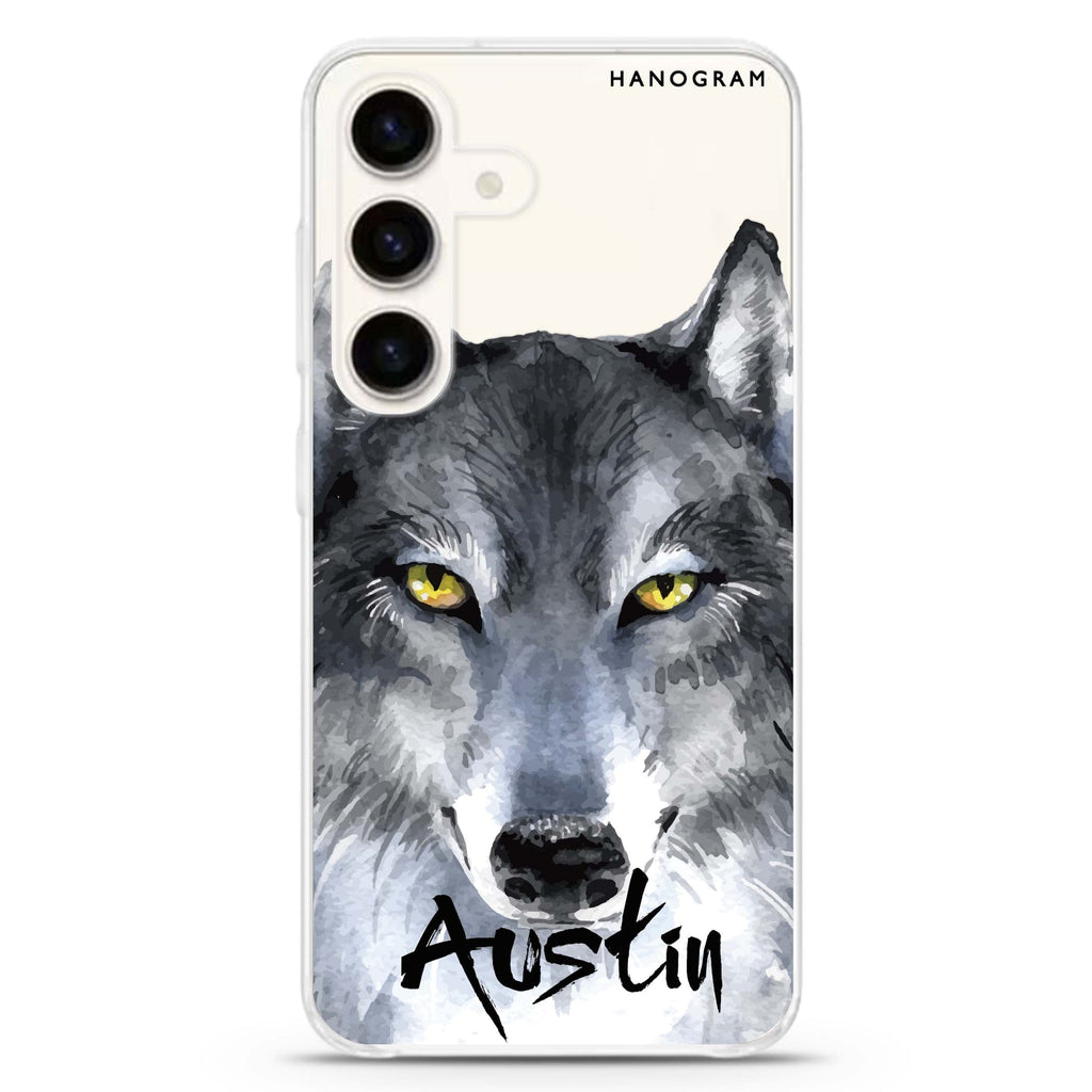 Snow Wolf Samsung Galaxy S26/S25/S24 可加名字水晶透明保護殼正面展示