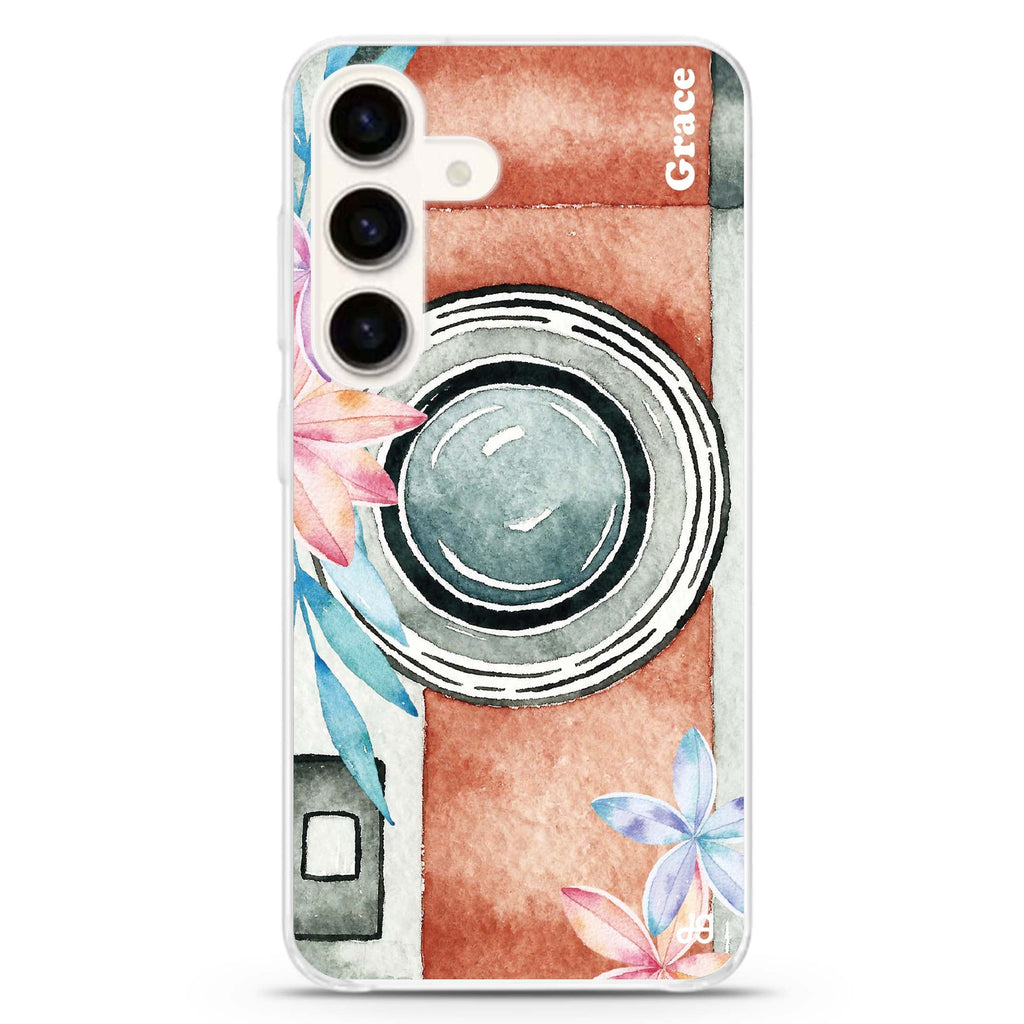 Watercolor Camera Samsung Galaxy S26/S25/S24 可加名字水晶透明保護殼正面展示