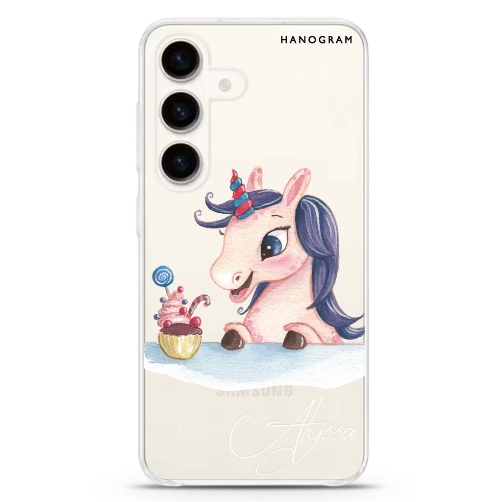 Rainbow Unicorn And Cupcake Samsung Galaxy S26/S25/S24 可加名字水晶透明保護殼正面展示