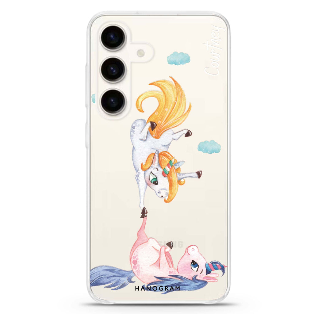 Rainbow Unicorn Dancing Samsung Galaxy S26/S25/S24 可加名字水晶透明保護殼正面展示