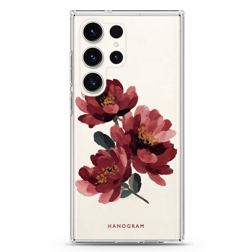 Crimson Peony Samsung Galaxy Ultra 透明保護殼，適用 S26/S25/S24/S23 Ultra，圖1