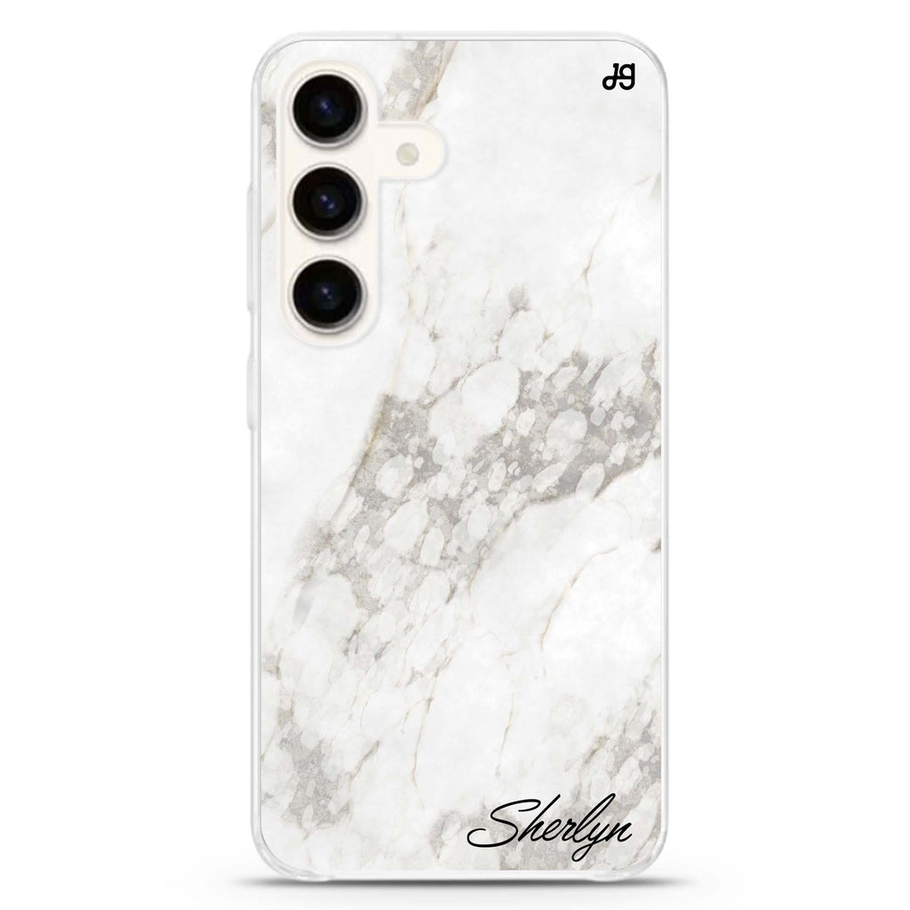 Simple White Marble Samsung Galaxy S26/S25/S24 可加名字水晶透明保護殼正面展示