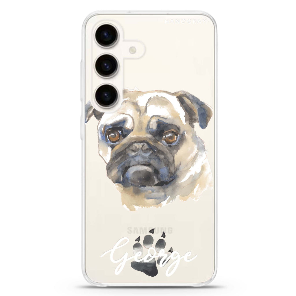 Pug Samsung Galaxy S26/S25/S24 可加名字水晶透明保護殼正面展示