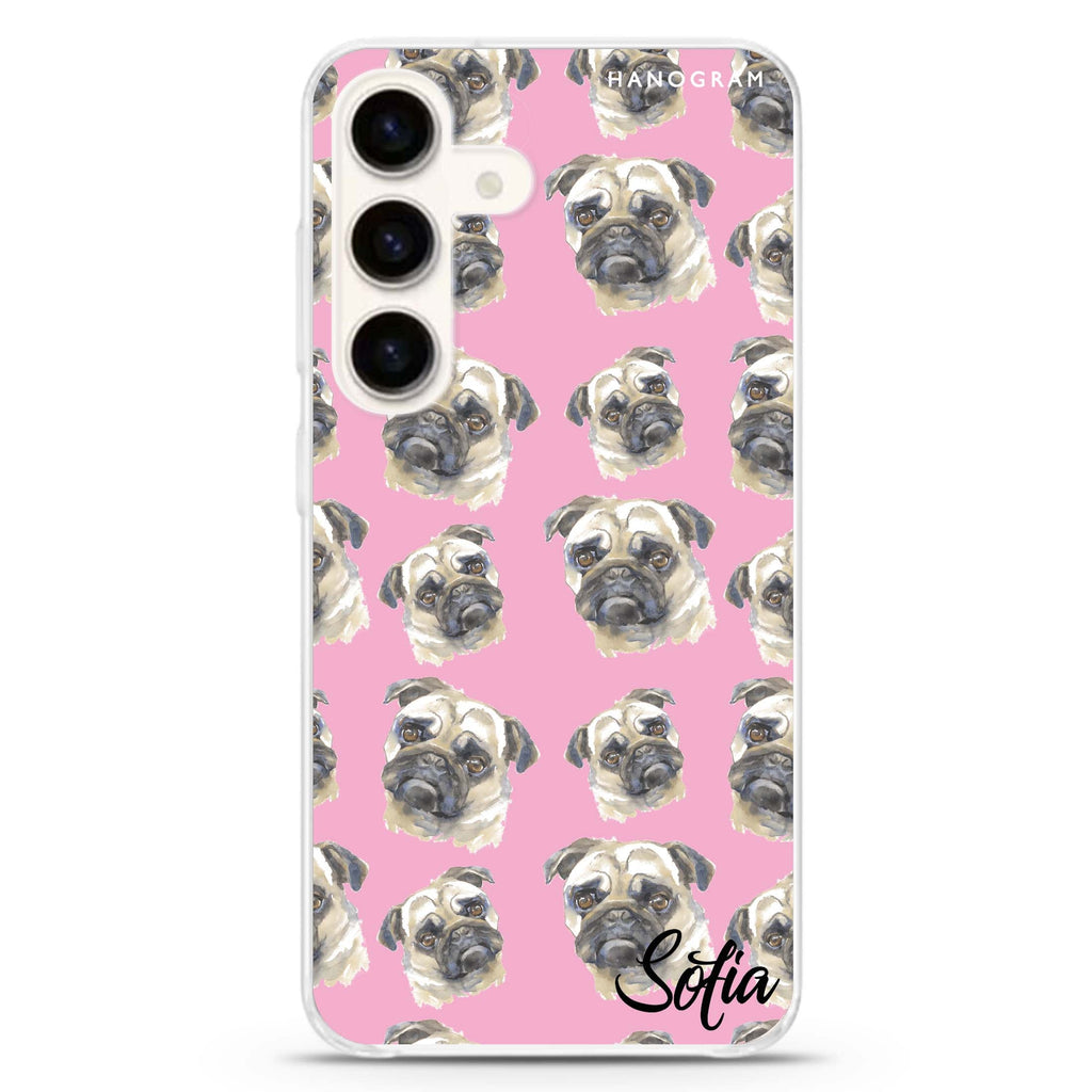 PugPug Samsung Galaxy S26/S25/S24 可加名字水晶透明保護殼正面展示