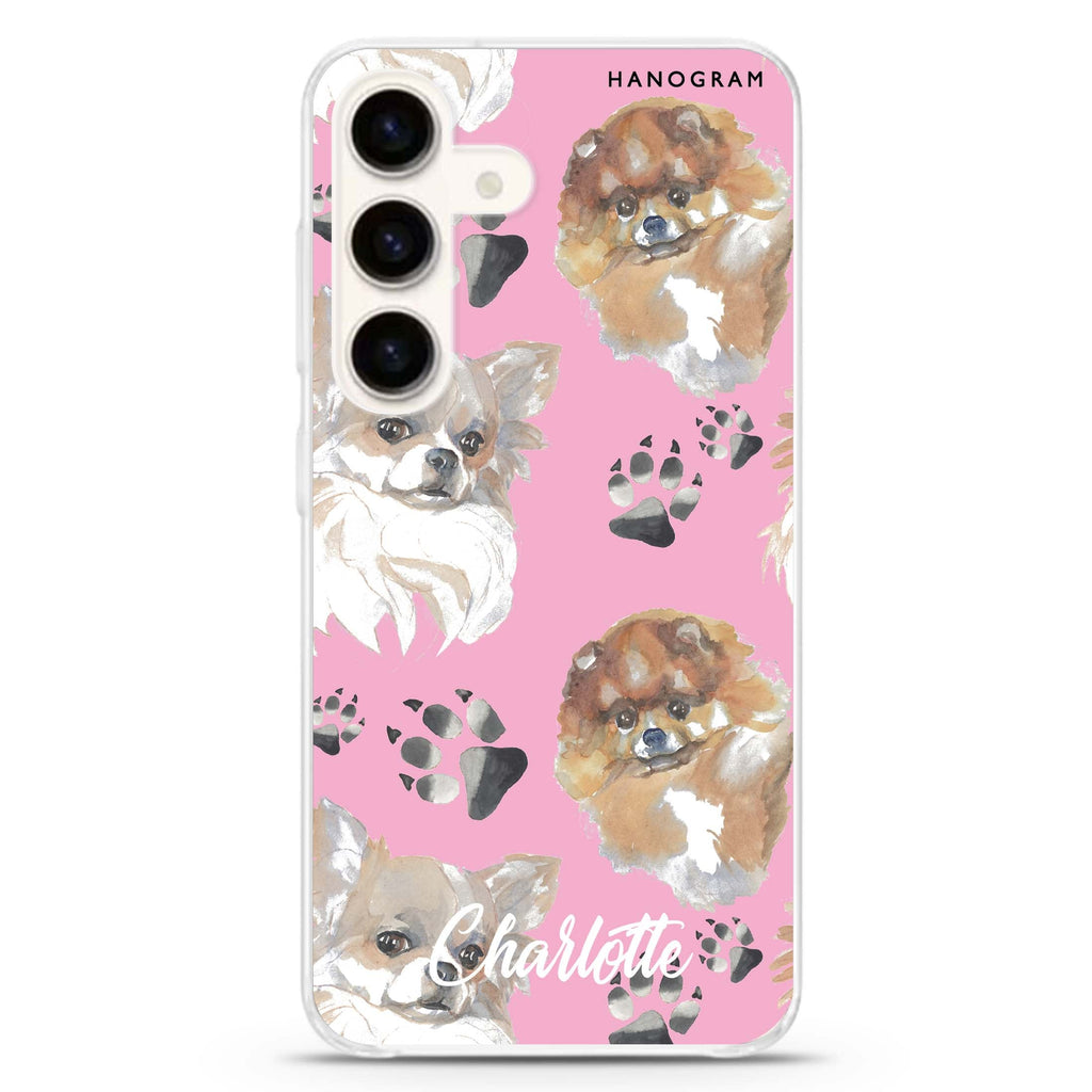 Pompom & Chihuahua Samsung Galaxy S26/S25/S24 可加名字水晶透明保護殼正面展示