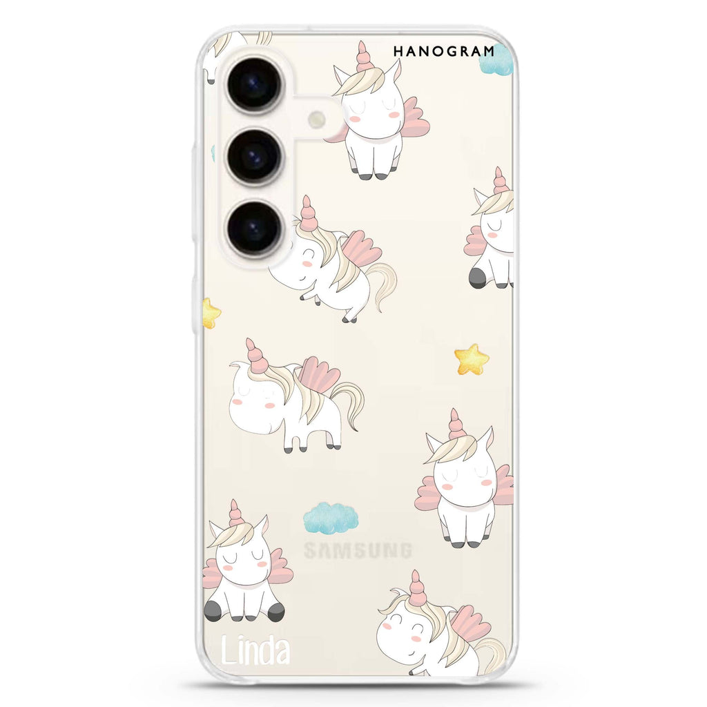 Baby Cute Unicorn Samsung Galaxy S26/S25/S24 可加名字水晶透明保護殼正面展示
