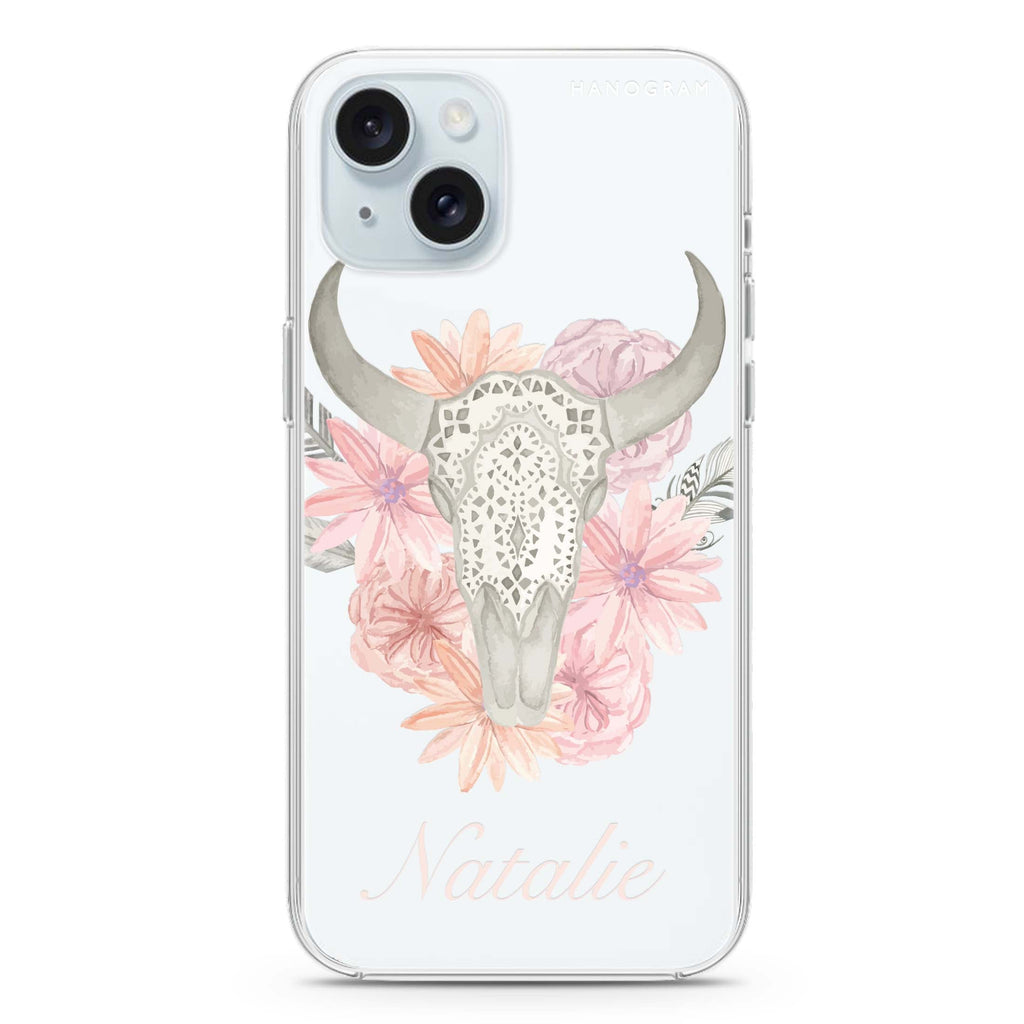 Skull Bull & Watercolor Flowers iPhone 15 plus 水晶透明保護殼
