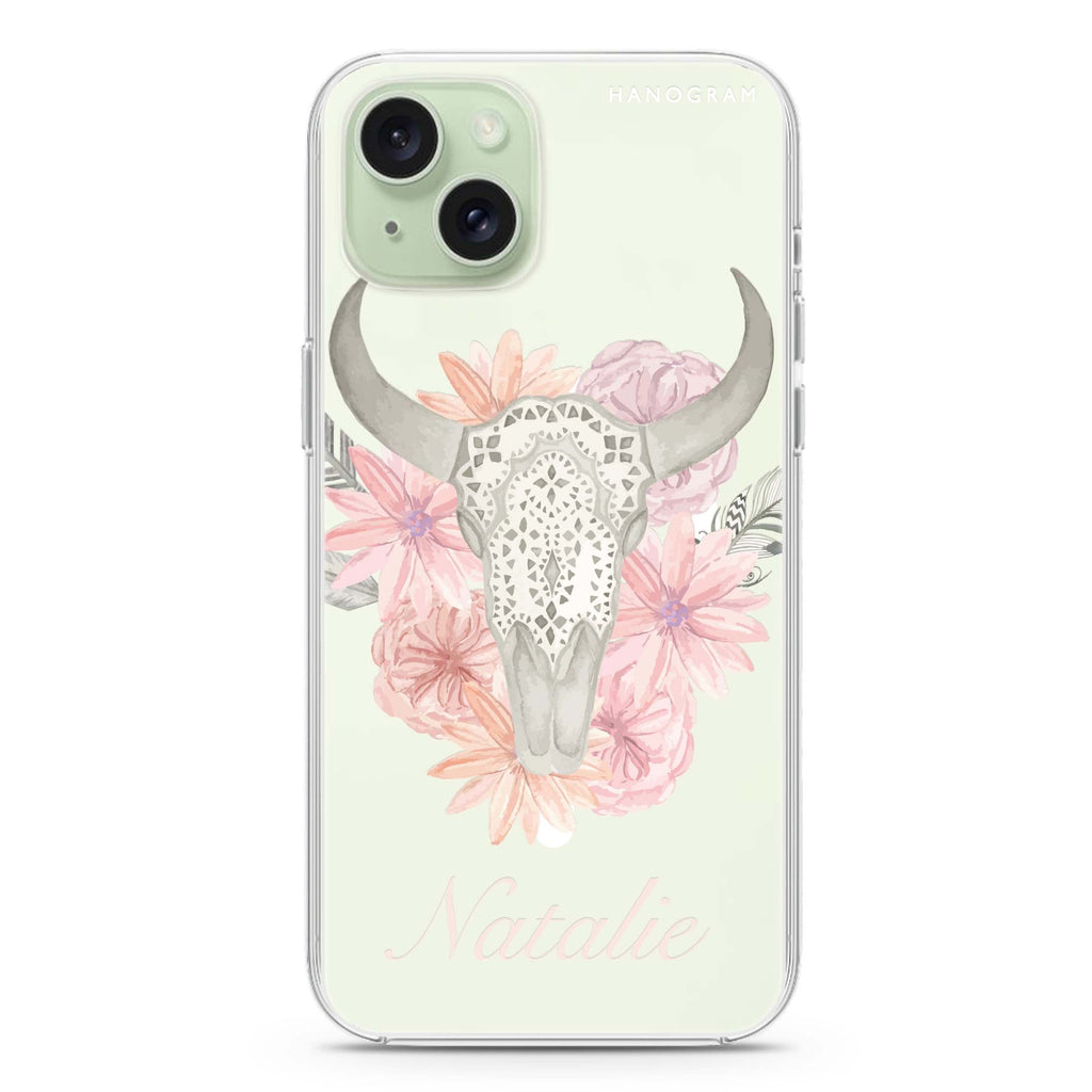 Skull Bull & Watercolor Flowers iPhone 15 Plus Magsafe 兼容水晶透明保護殼