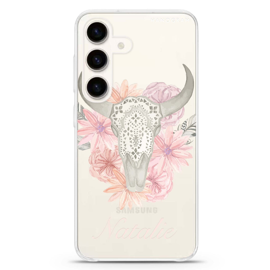 Skull Bull & Watercolor Flowers Samsung Galaxy S26/S25/S24 可加名字水晶透明保護殼正面展示