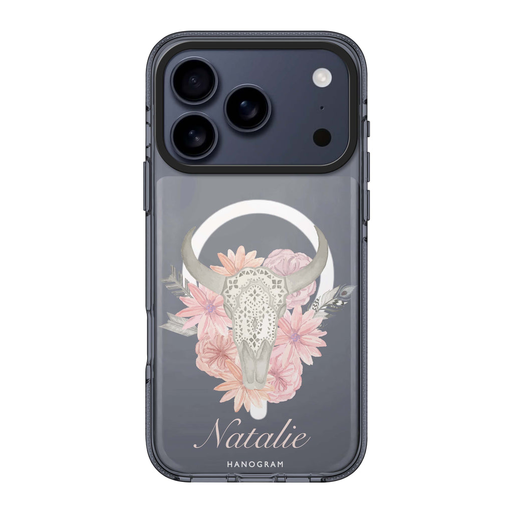 Skull Bull & Watercolor Flowers iPhone 17 Pro Max MagSafe 水晶透明保護殼 花卉圖案設計 可自訂名字 圖1