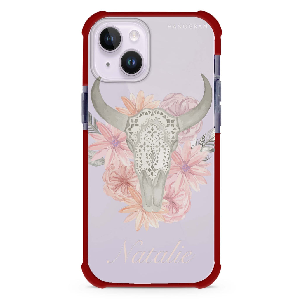 Skull Bull & Watercolor Flowers iPhone 15 Plus Magsafe 兼容超強防摔保護殼