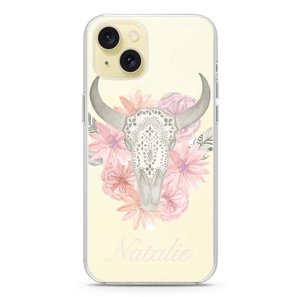 Skull Bull & Watercolor Flowers iPhone 15 Magsafe 兼容水晶透明保護殼
