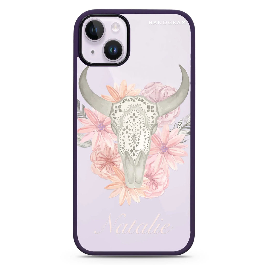 Skull Bull & Watercolor Flowers iPhone 15 Plus 防衝擊保護殼
