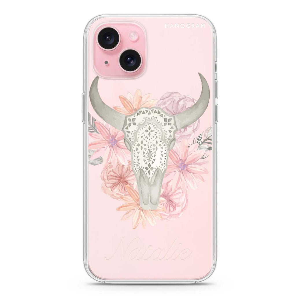 Skull Bull & Watercolor Flowers iPhone 15 水晶透明保護殼