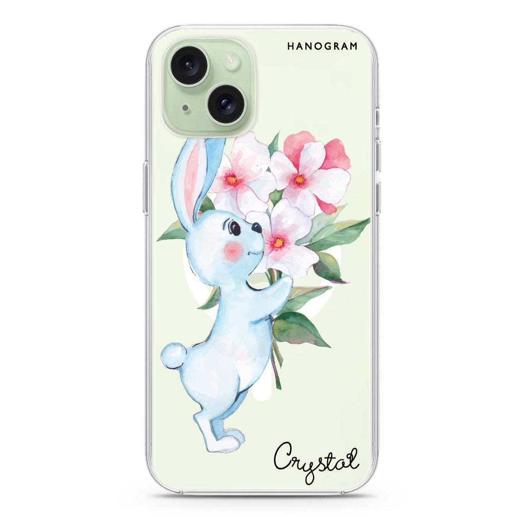 Rabbit And Flowers iPhone 15 Plus Magsafe 兼容水晶透明保護殼