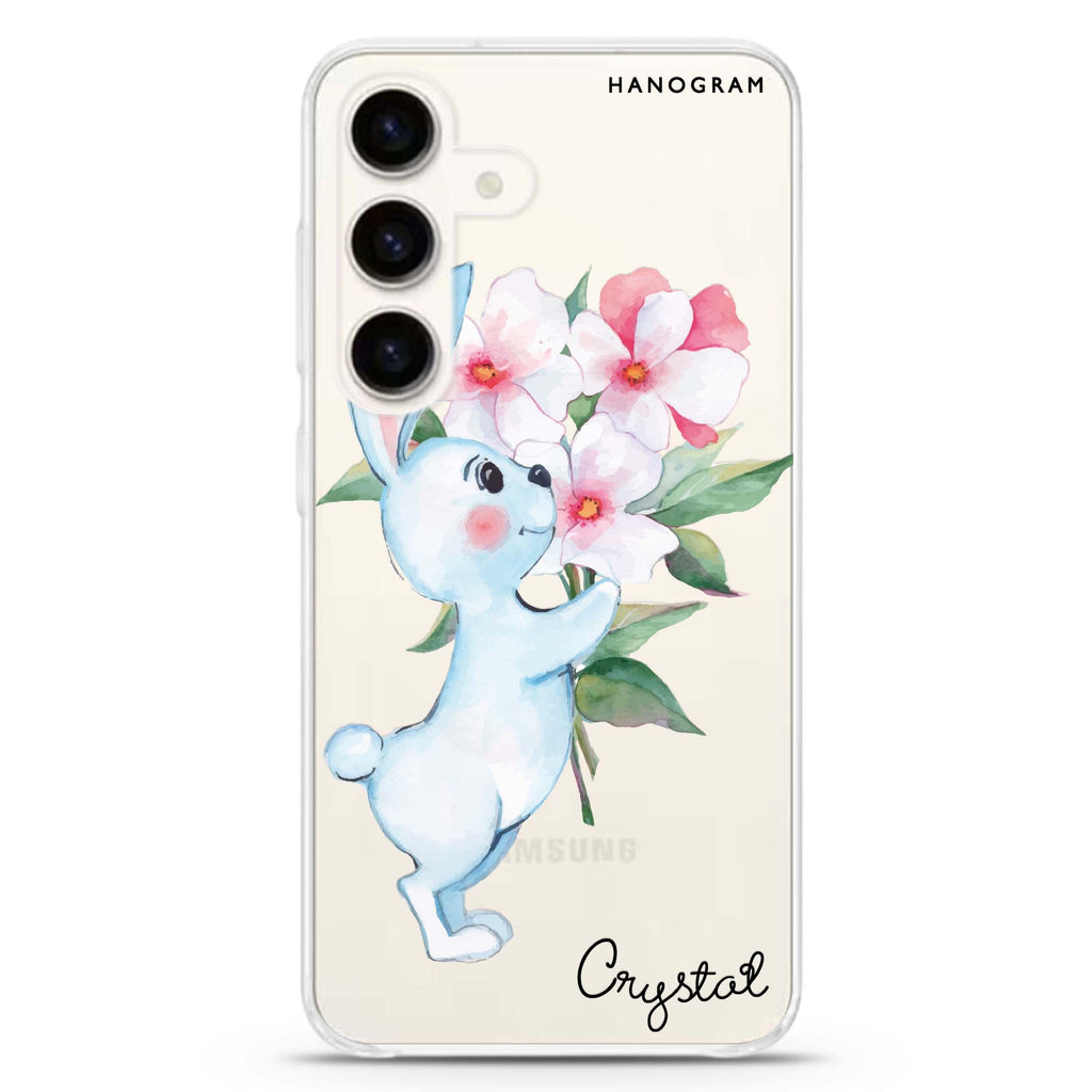 Rabbit And Flowers Samsung Galaxy S26/S25/S24 可加名字水晶透明保護殼正面展示