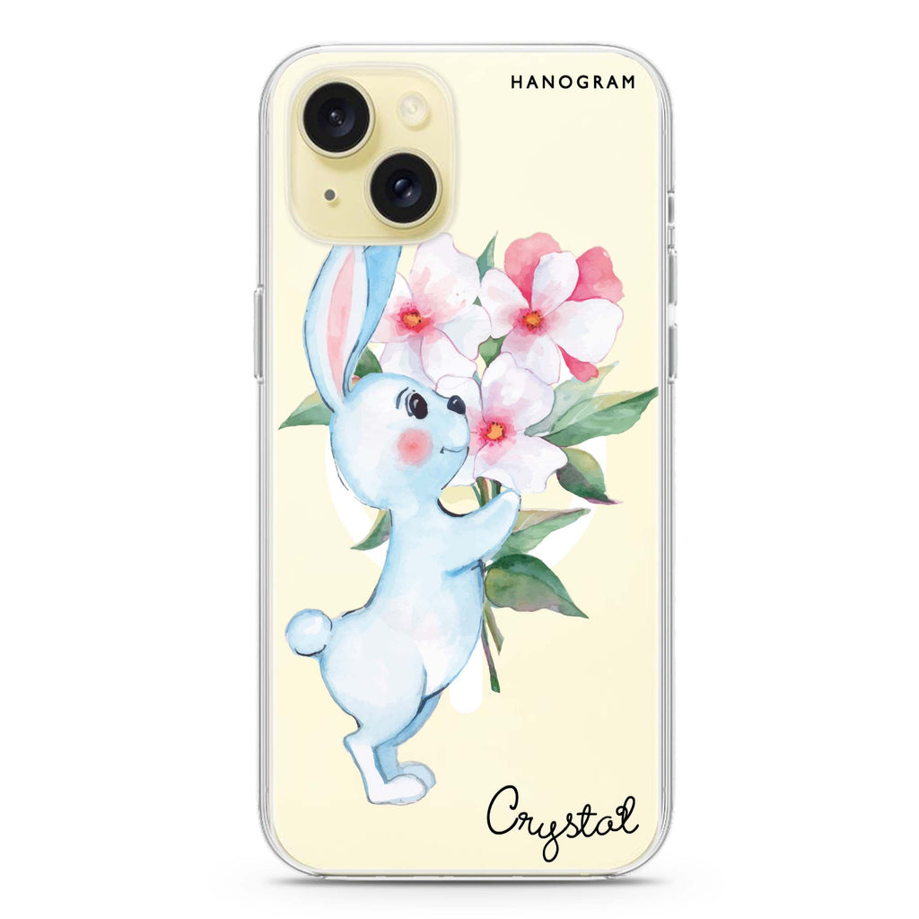 Rabbit And Flowers iPhone 15 Magsafe 兼容水晶透明保護殼