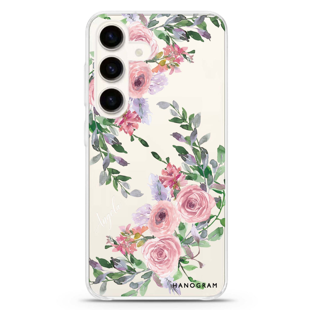 Lucy Watercolor Rose Samsung Galaxy S26/S25/S24 可加名字水晶透明保護殼正面展示