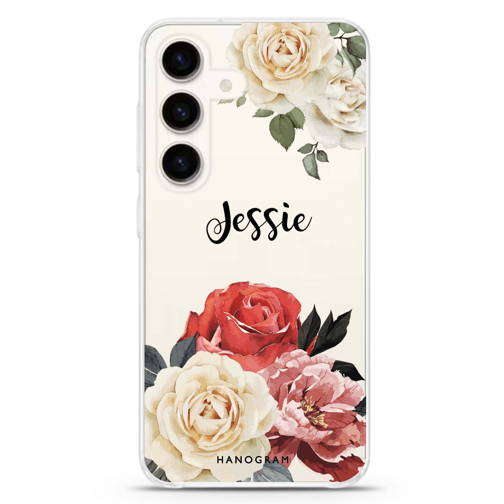 Vintage Floral Samsung Galaxy S26/S25/S24 可加名字水晶透明保護殼正面展示