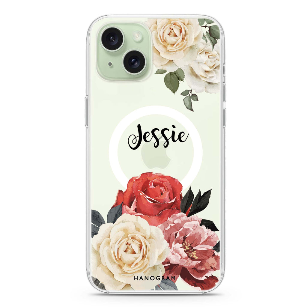 Vintage Floral iPhone 15 Magsafe 兼容水晶透明保護殼