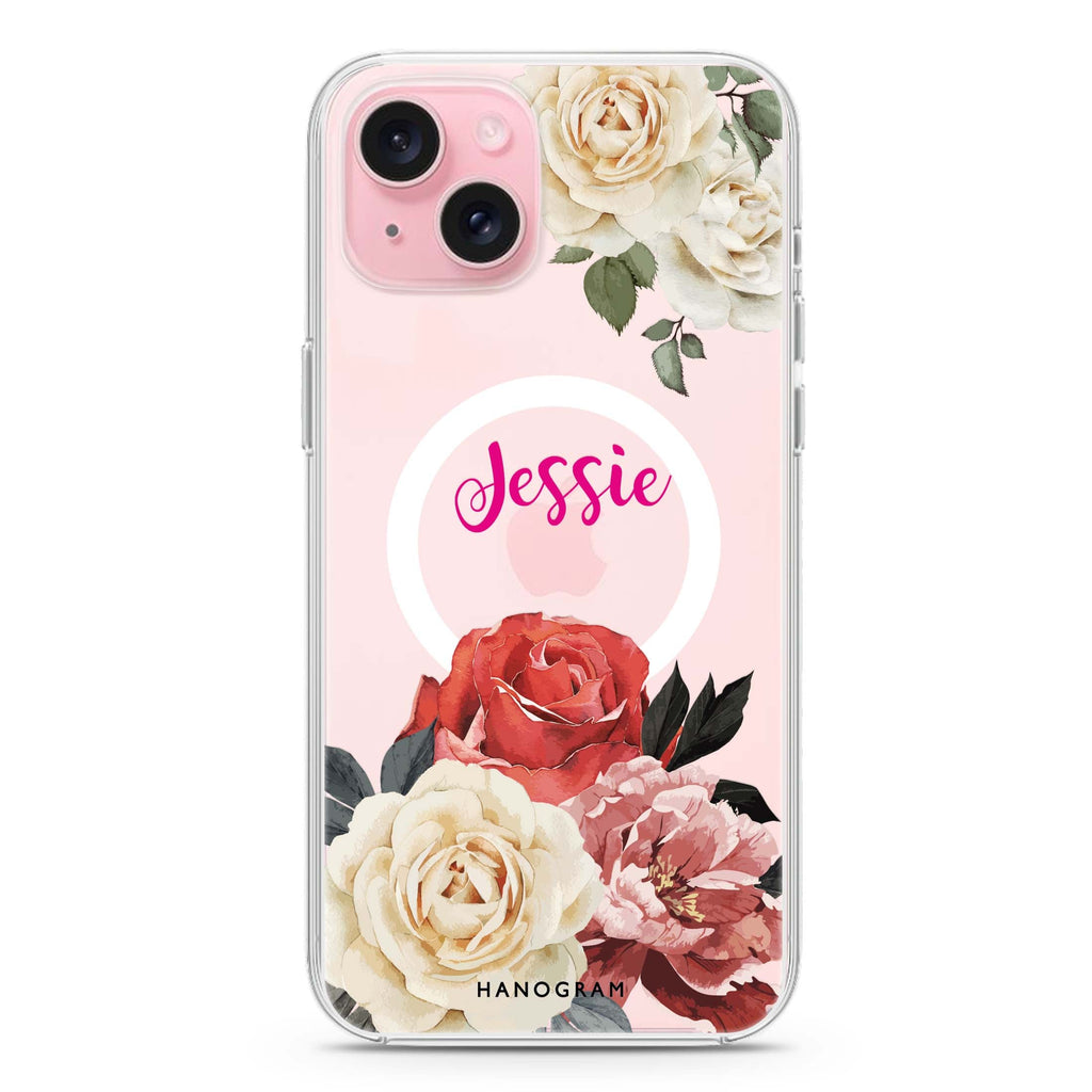 Vintage Floral iPhone 15 Plus Magsafe 兼容水晶透明保護殼