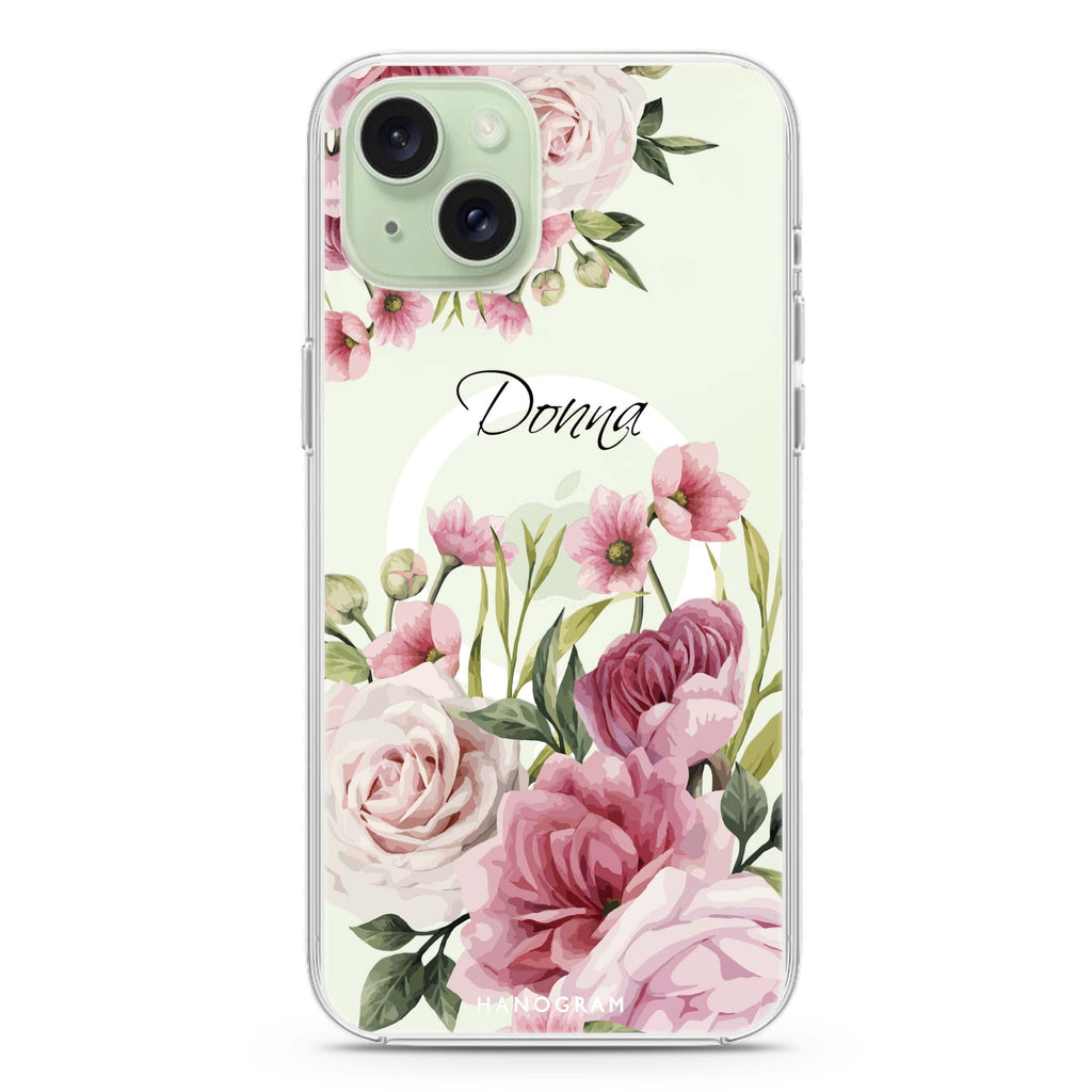 Beautiful Flowers iPhone 15 Magsafe 兼容水晶透明保護殼