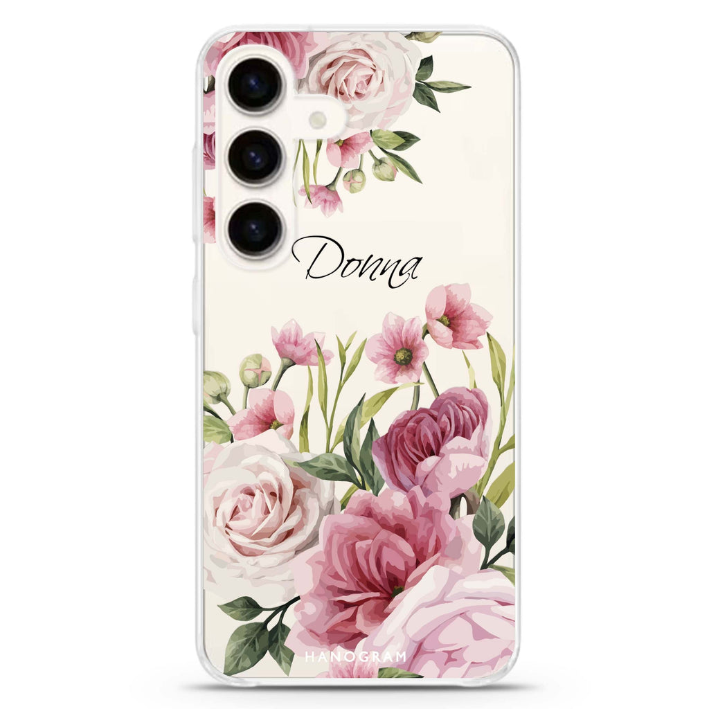 Beautiful Flowers Samsung Galaxy S26/S25/S24 可加名字水晶透明保護殼正面展示