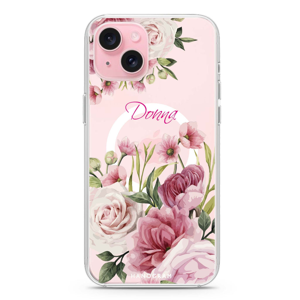 Beautiful Flowers iPhone 15 Plus Magsafe 兼容水晶透明保護殼
