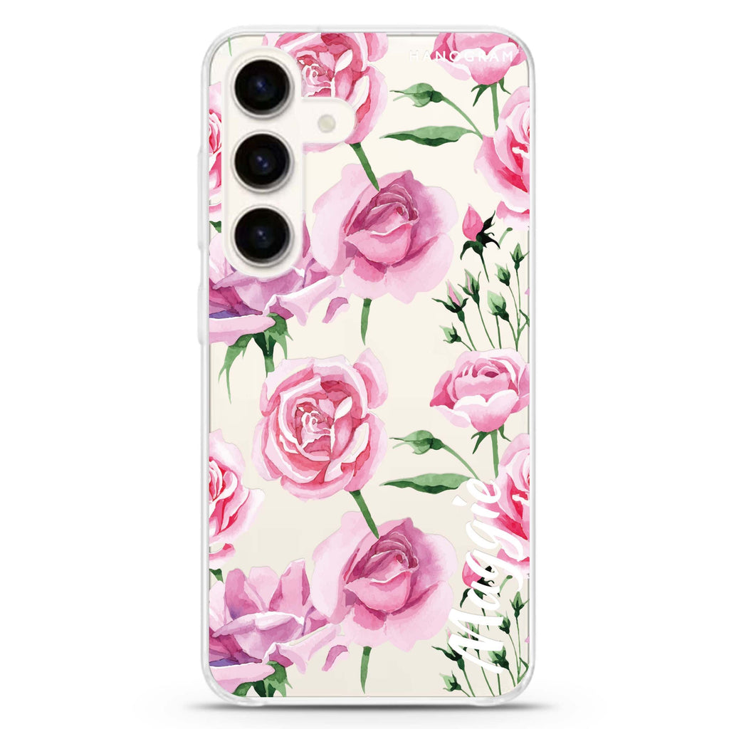 Pink Rose Samsung Galaxy S26/S25/S24 可加名字水晶透明保護殼正面展示