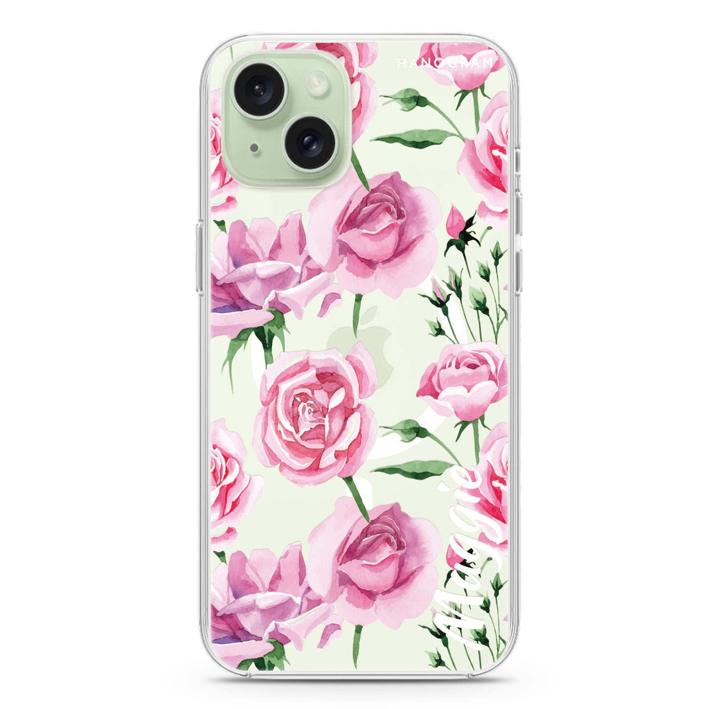 Pink Rose iPhone 15 Plus Magsafe 兼容水晶透明保護殼