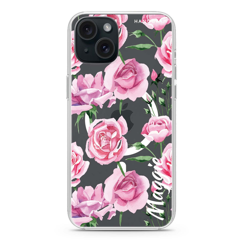 Pink Rose iPhone 15 Magsafe 兼容水晶透明保護殼
