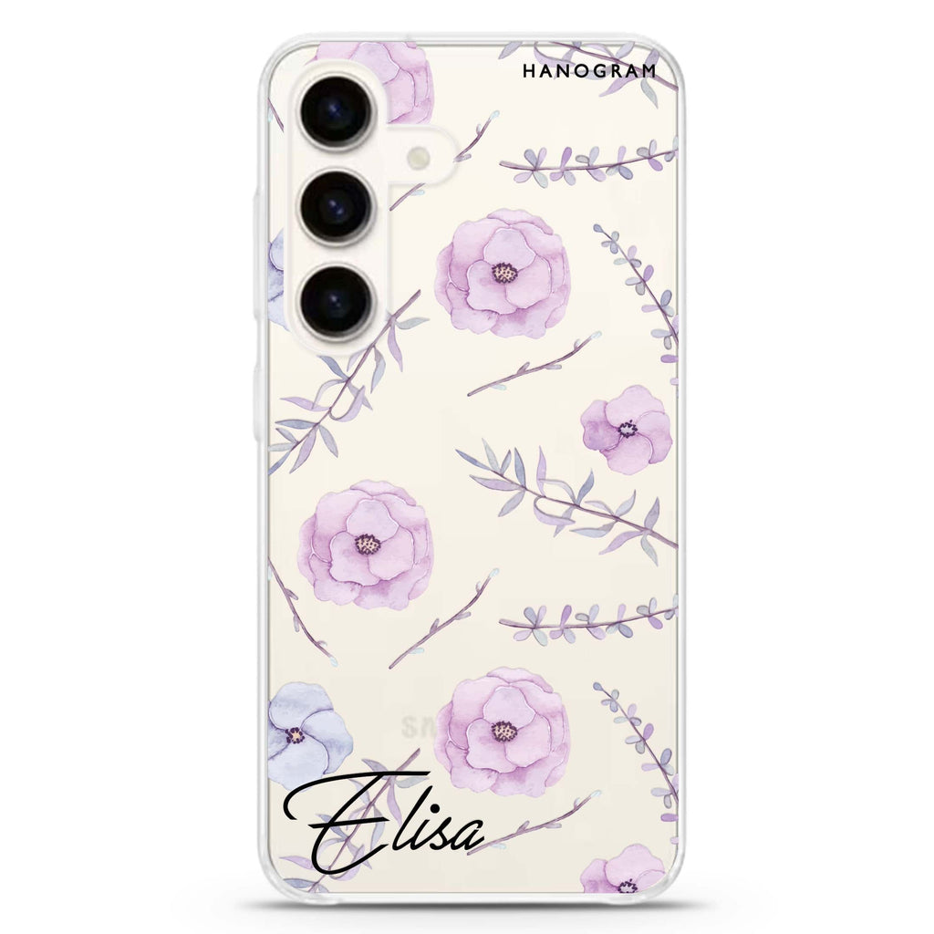 Vibrant Floral Samsung Galaxy S26/S25/S24 可加名字水晶透明保護殼正面展示