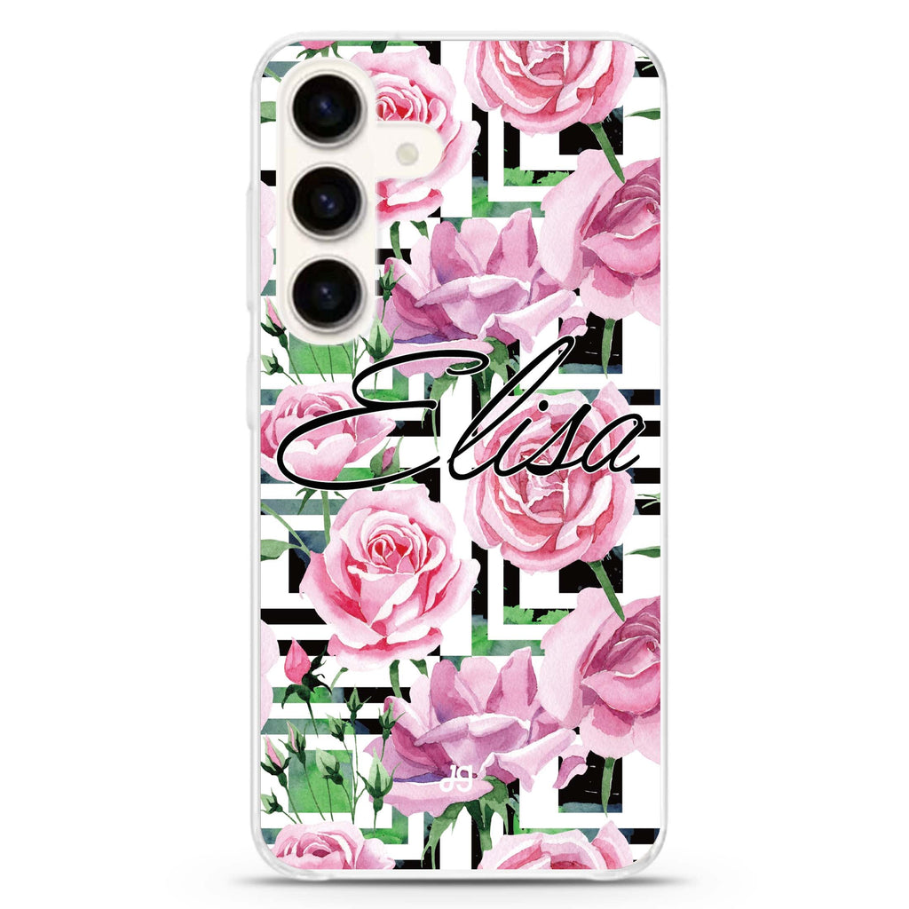 Rose Checkered Samsung Galaxy S26/S25/S24 可加名字水晶透明保護殼正面展示